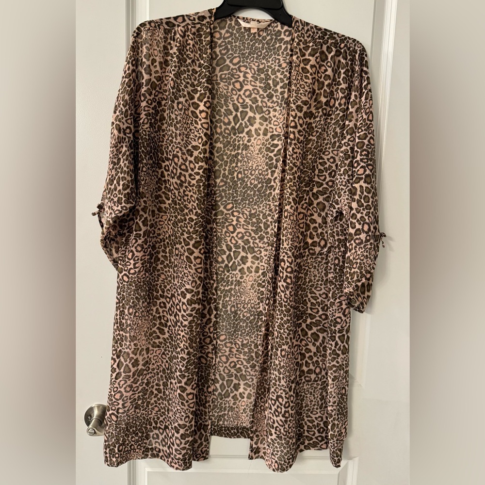 #1345 - Belle Nuit Open Drape Front Leopard Animal Print Chiffon Robe Kimono